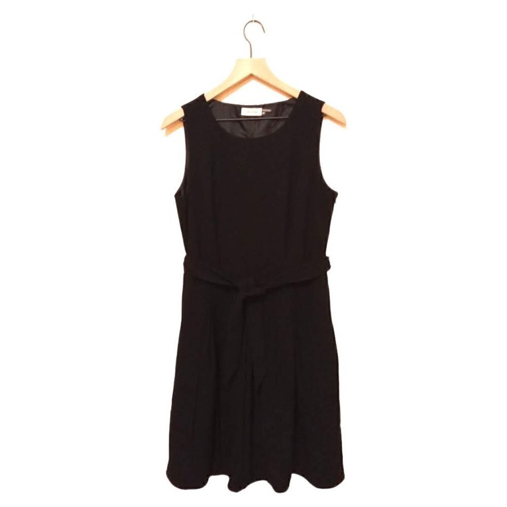 CALVIN Klein Black Knee Length Pleated A-Line Sleeveless Tie Waist Dress Sz 10